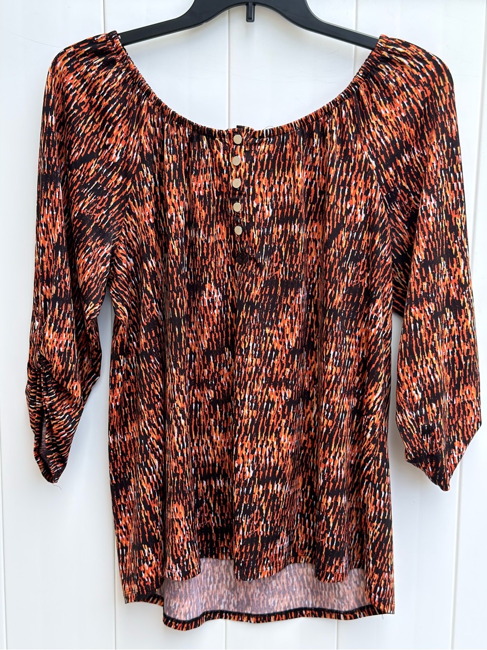 Notations Orange and Black Abstract Button-Front Elastic Boatneck Top 2X